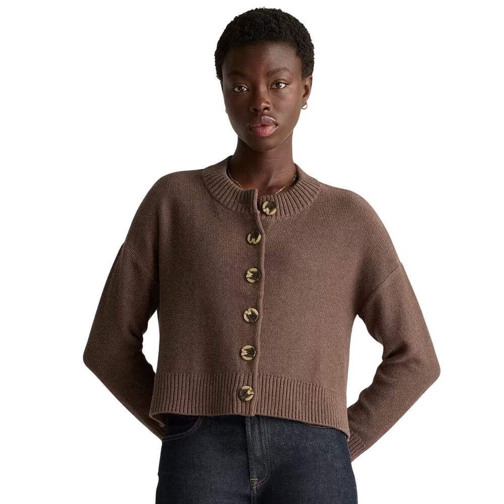 EUC Quince Women's Small Organic Cotton Cropped Cardigan Heather Brown Preppy
